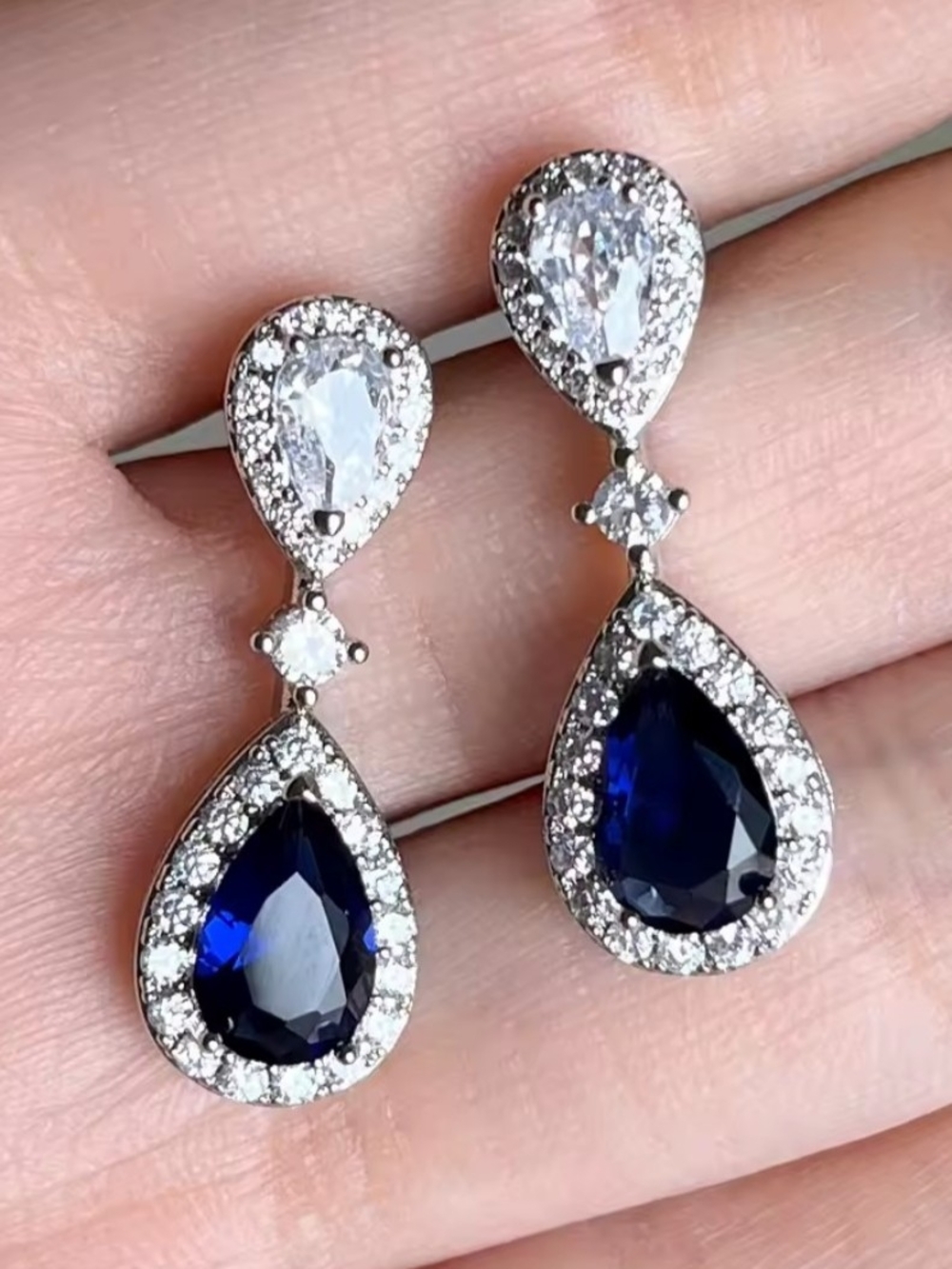 White Rhodium Sapphire Earrings - Picture 2 of 2